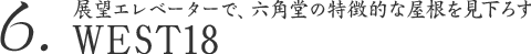 6. 展望エレベーターで、六角堂の特徴的な屋根を見下ろす WEST18